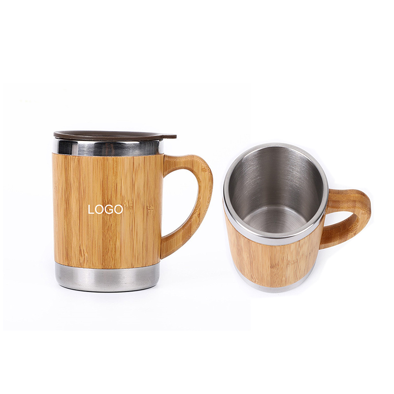Double Wall Stainless Steel Bamboo Mug W/ Handle